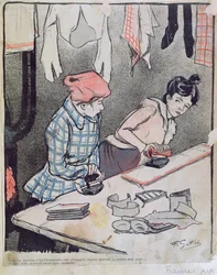 Karykatura przedstawiająca dwie plotkujące praczki, koniec XIX wieku